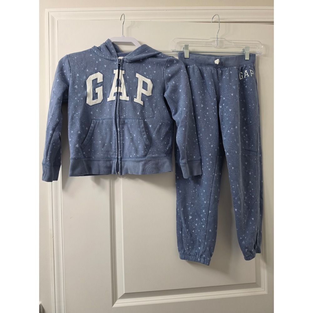 Gap Kids Blue Heart Print Tracksuit Set Zip Hoodie M 8 Joggers L 10 2PC Outfit